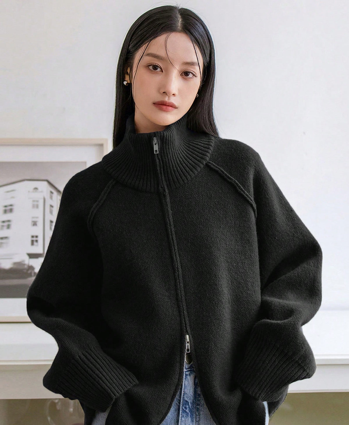 Cozy solid color stand collar zipper knitted cardigan top