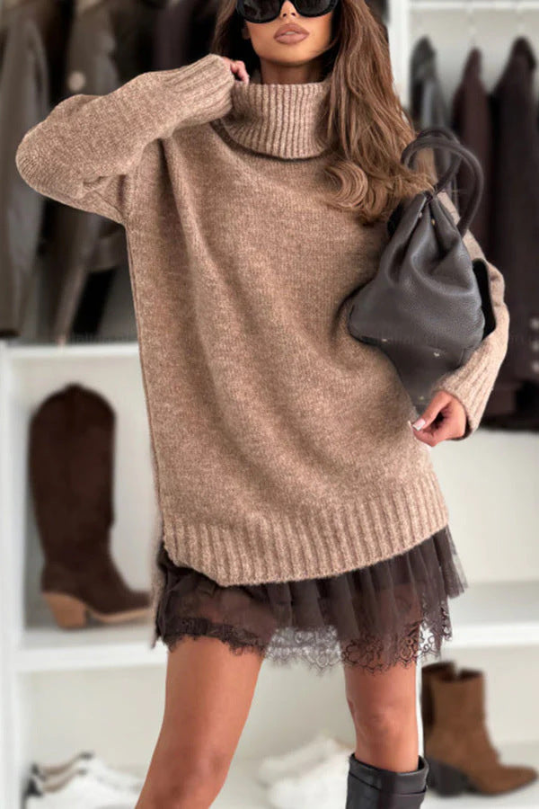High-neck knit sweater lace-hemmed vest dress two-piece set