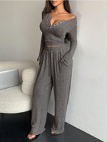 V-neck button Long-sleeved T-shirt and Wide-leg Pants Suit