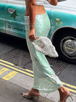 Light Green Sequined mesh high-waist slim skirt