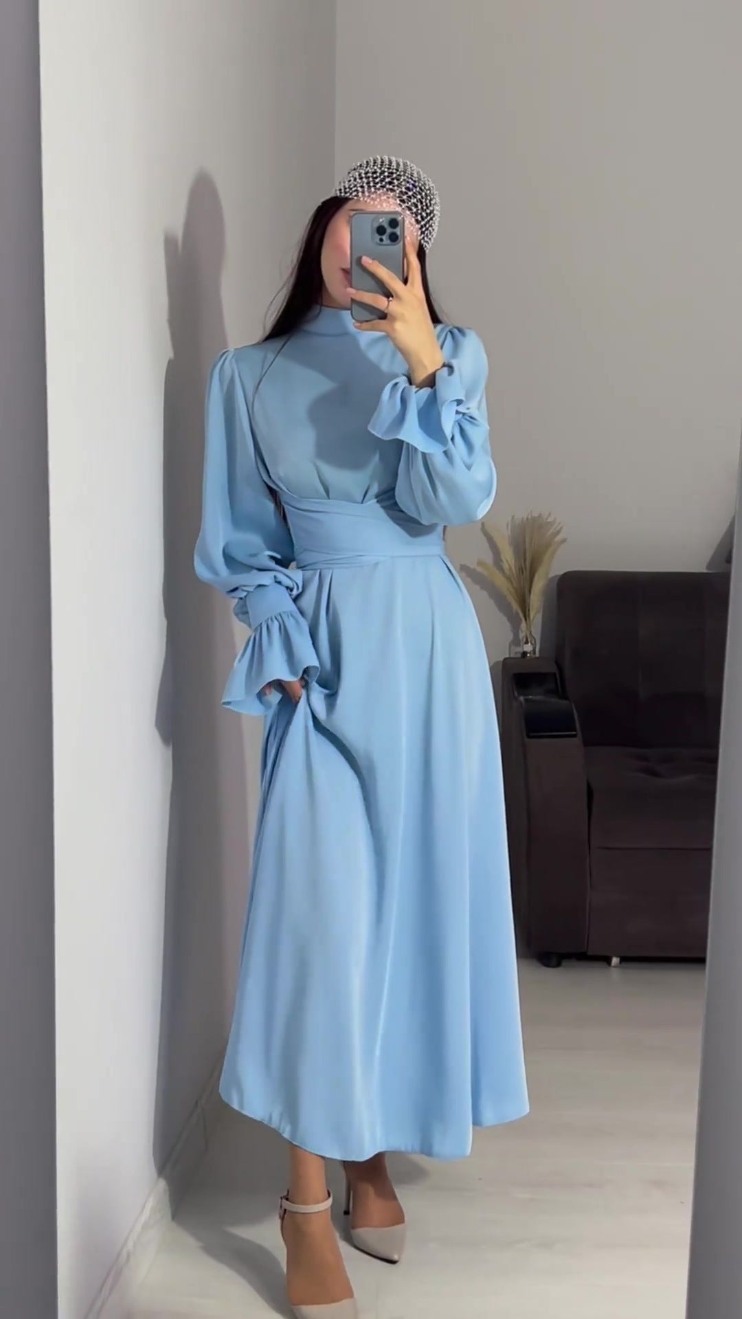 Long-sleeved puff-sleeved solid color fairy-style dress