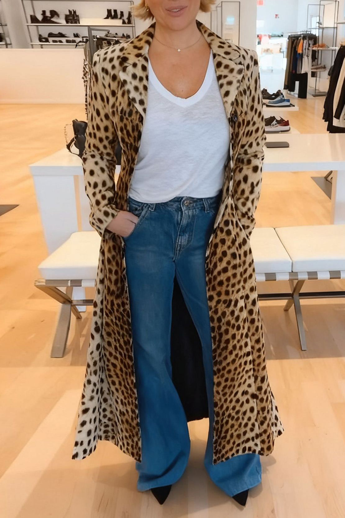 Gradient leopard print lapel long trench coat