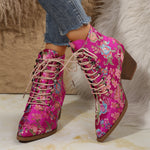 Retro ethnic style pointed toe thick heel lace-up embroidered Martin boots