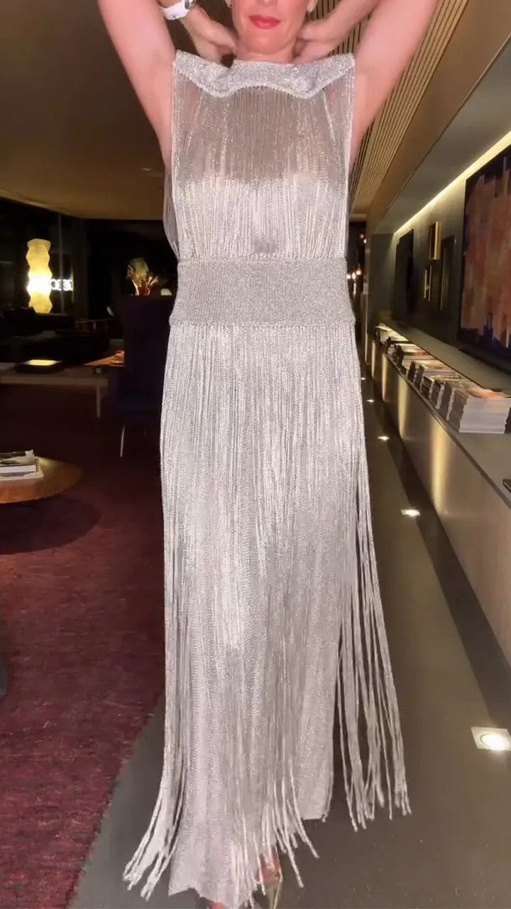 Elegant tassel sleeveless long party dress