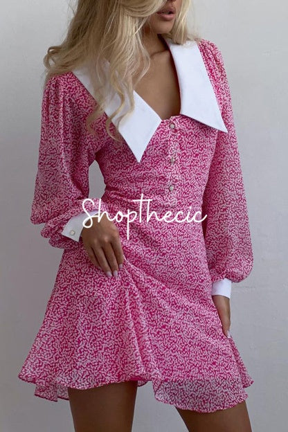 White large lapel collar long-sleeved floral dress