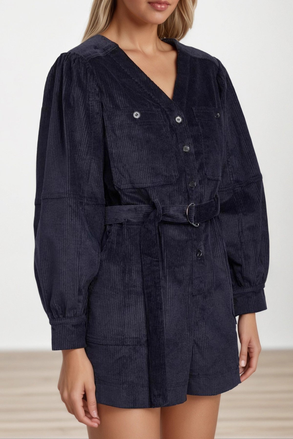 Corduroy Retro Waist Puff Sleeve Romper