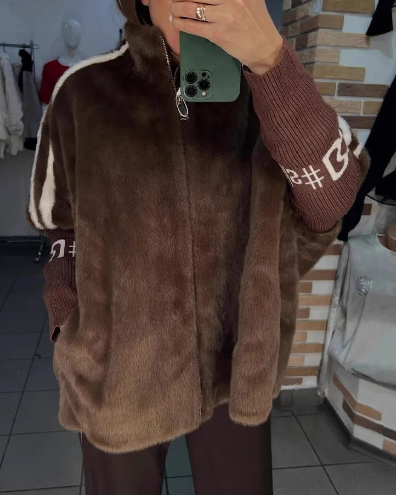 Elastic sleeves Vertical Stripe Printed Plush Hooded Coat