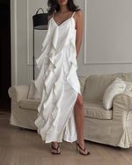 Ruffled V-neck Sling Slit long Dress