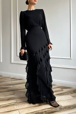 Long-sleeved top with ruffled hem and fitted long skirt two-piece set