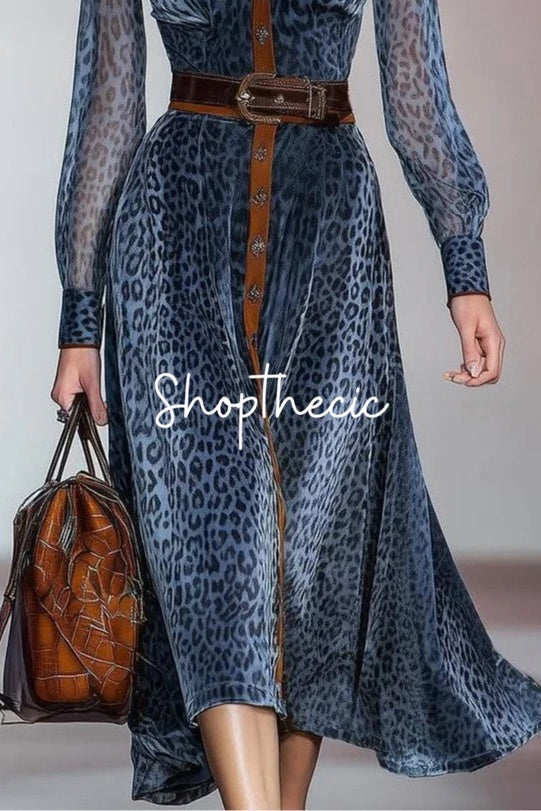 Elegant blue leopard print chiffon shirt dress