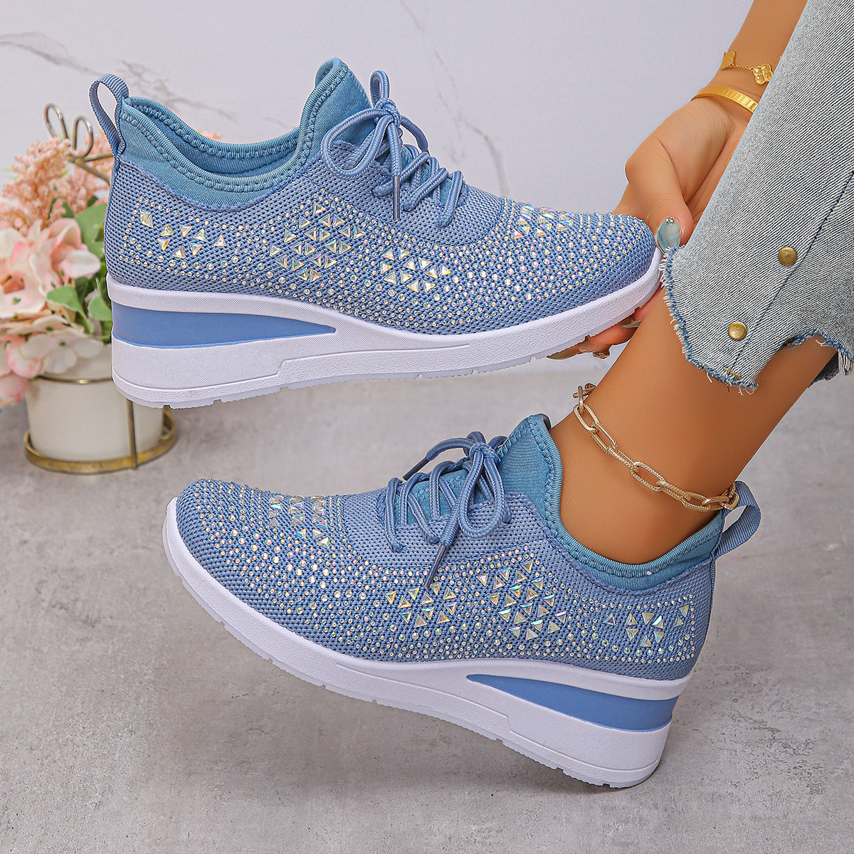Rhinestones Woven Upper Hidden Heel lightweight walking shoes
