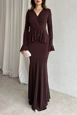 Solid color long-sleeved V-neck lace strappy hip Maxi dress