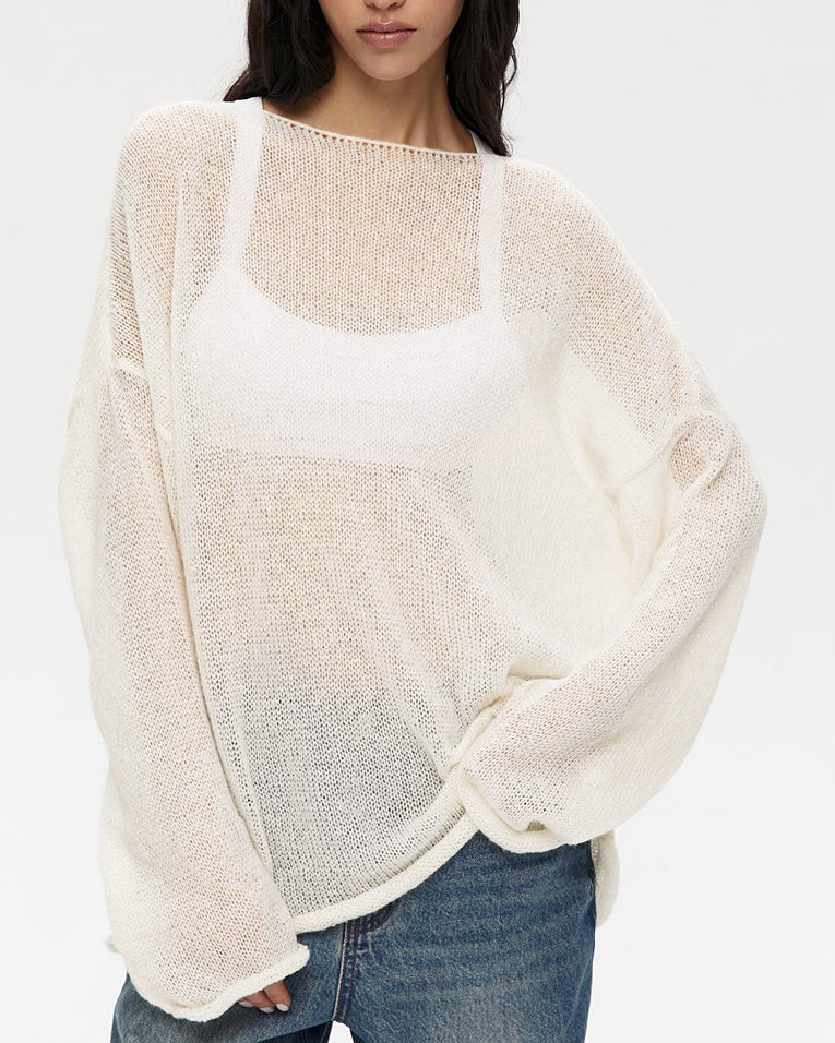 See-through thin scoop neck flared sleeve knitted T-shirt