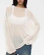 See-through thin scoop neck flared sleeve knitted T-shirt