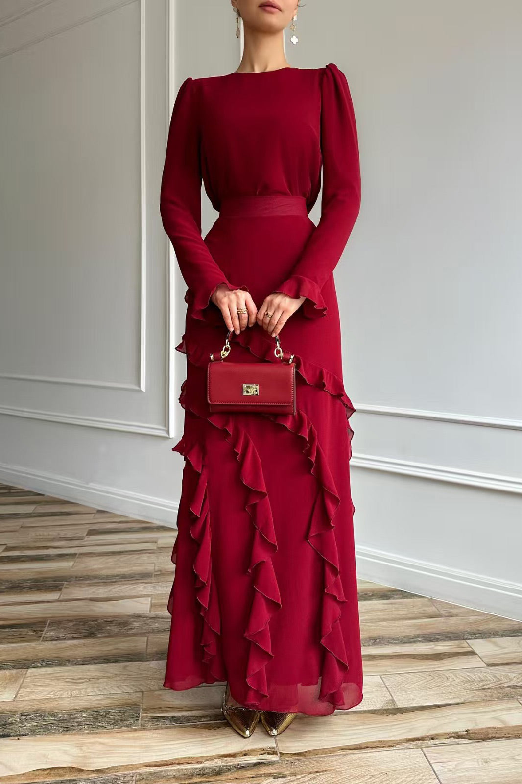 Long-sleeved top with ruffled hem and fitted long skirt two-piece set