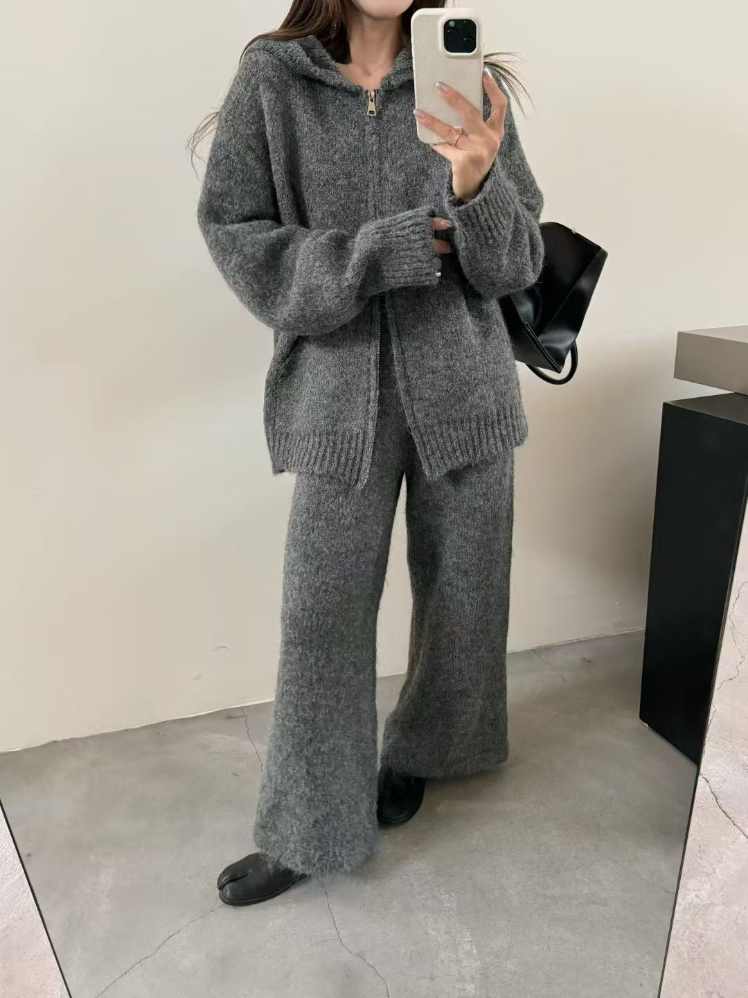 Loose Thickened Knit Hooded Zipper Cardigan Wide-Leg Pants Two-Piece Set