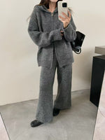 Loose Thickened Knit Hooded Zipper Cardigan Wide-Leg Pants Two-Piece Set