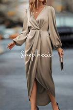 Puff-sleeved long-sleeved irregular slit midi dress
