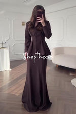 Retro-style feminine long-sleeved V-neck fitted top and bodycon long skirt set