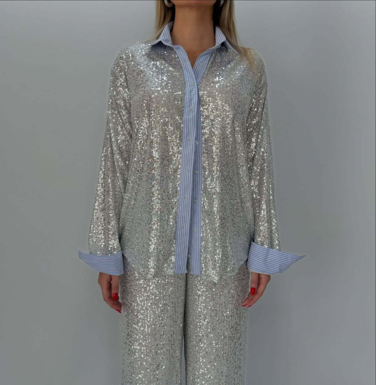 Loose casual sequined suit jacket and wide-leg pants two-piece suit