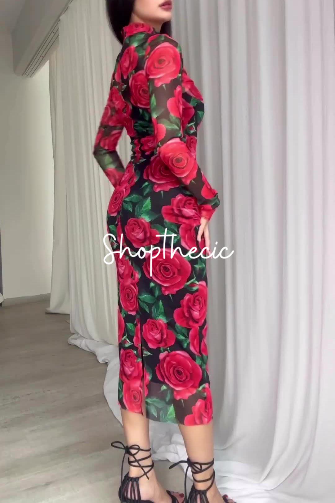 Large floral print fitted silhouette midi dress