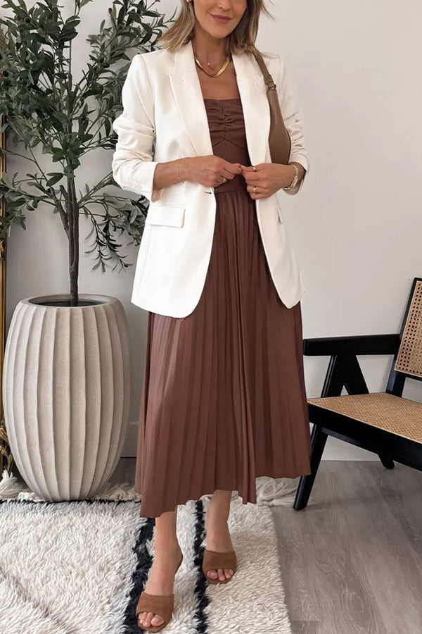 Wrap-around pleated midi leather dress