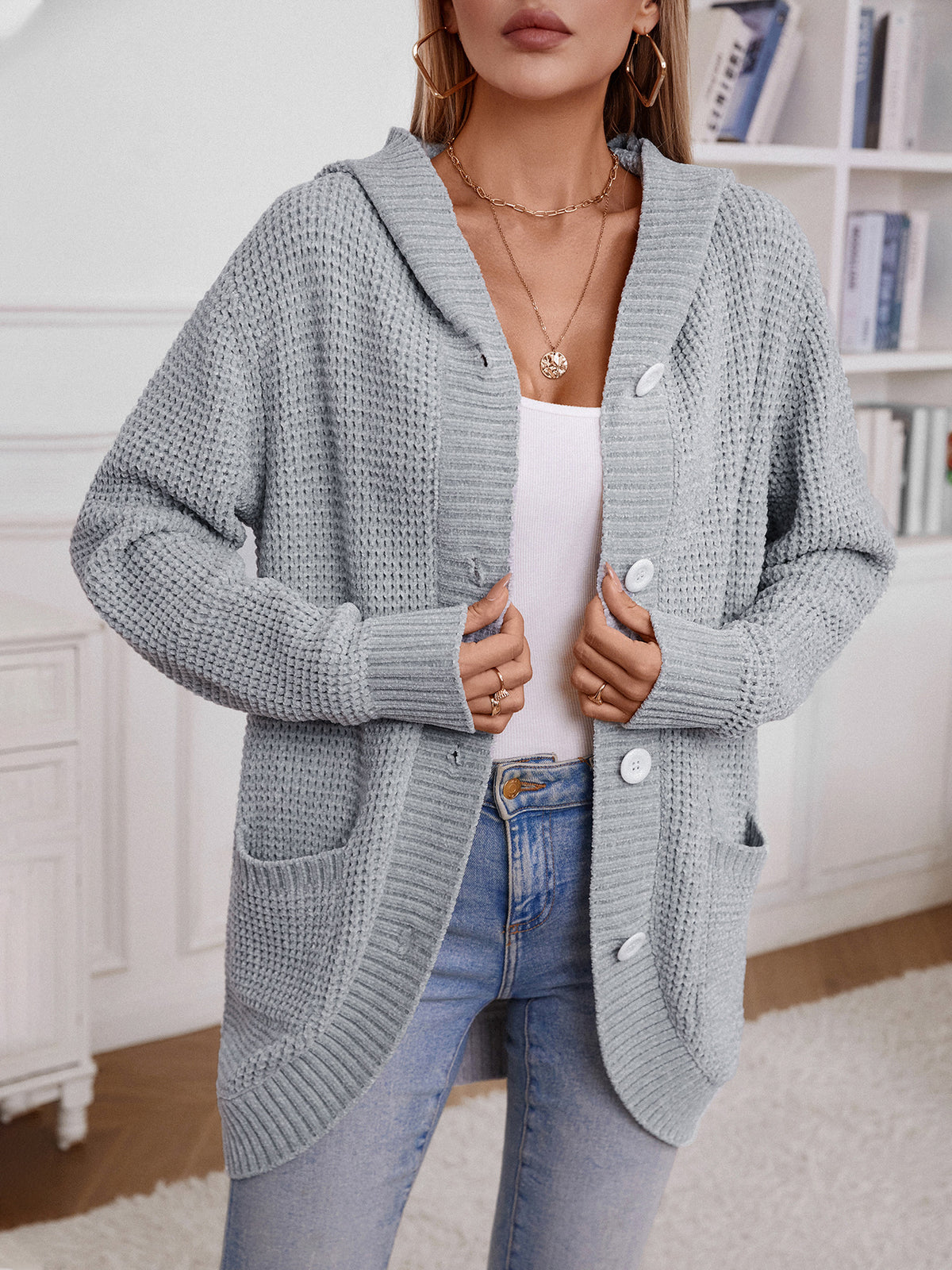 Vintage Loose Button Hooded Knit Cardigan Jacket
