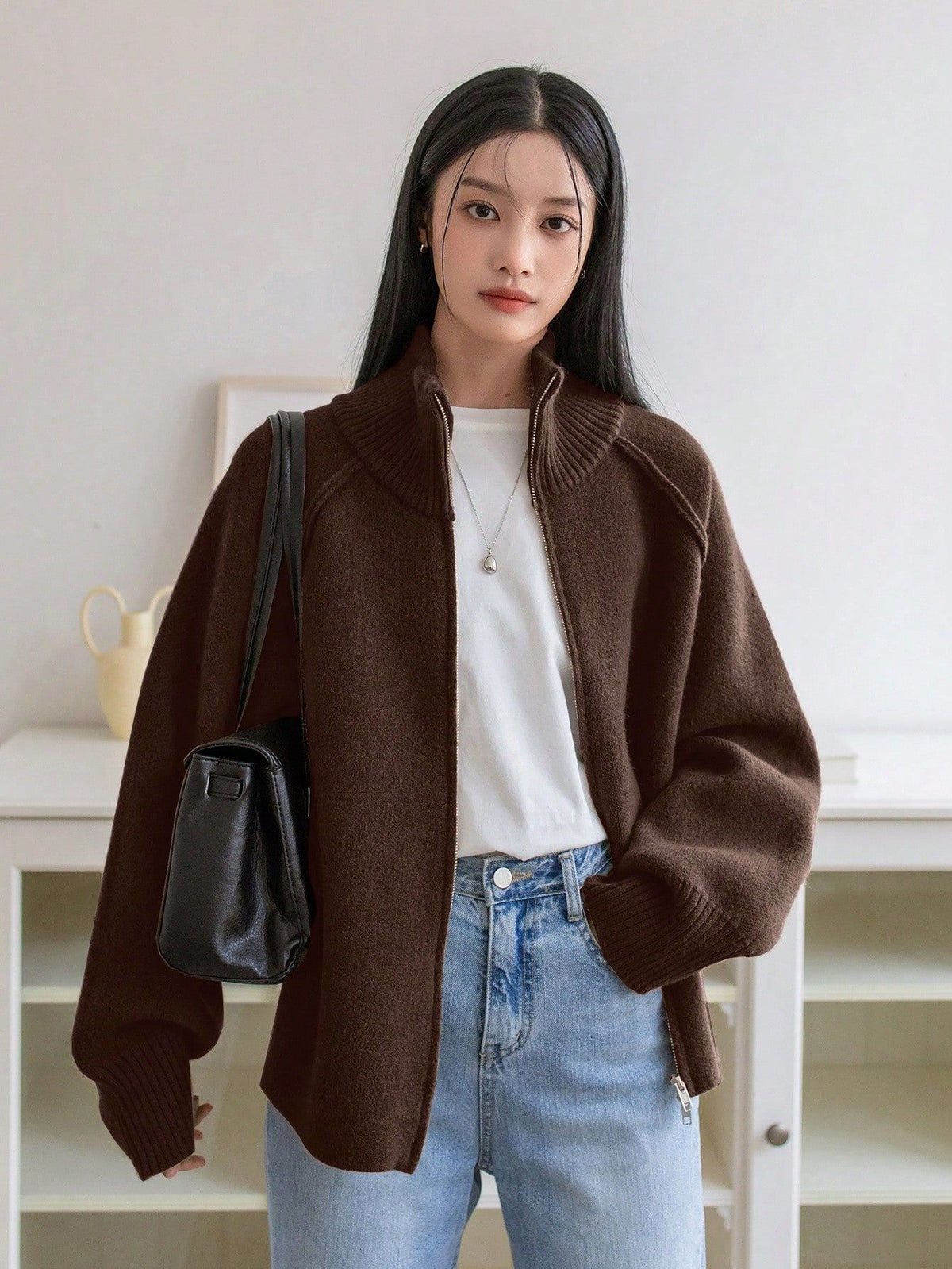 Cozy solid color stand collar zipper knitted cardigan top