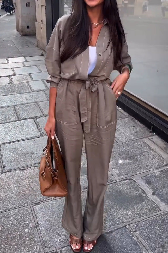 Topstitched lapel button-down workwear jumpsuit