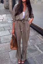 Topstitched lapel button-down workwear jumpsuit