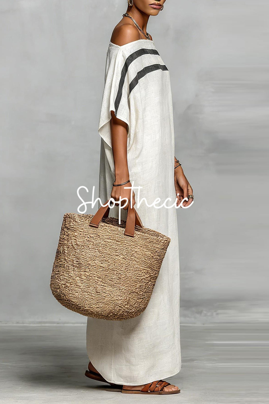 Loose-fitting striped off-shoulder batwing sleeve resort maxi dress