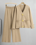 Chic gold large button knitted sweater and wide-leg pants two-piece suit