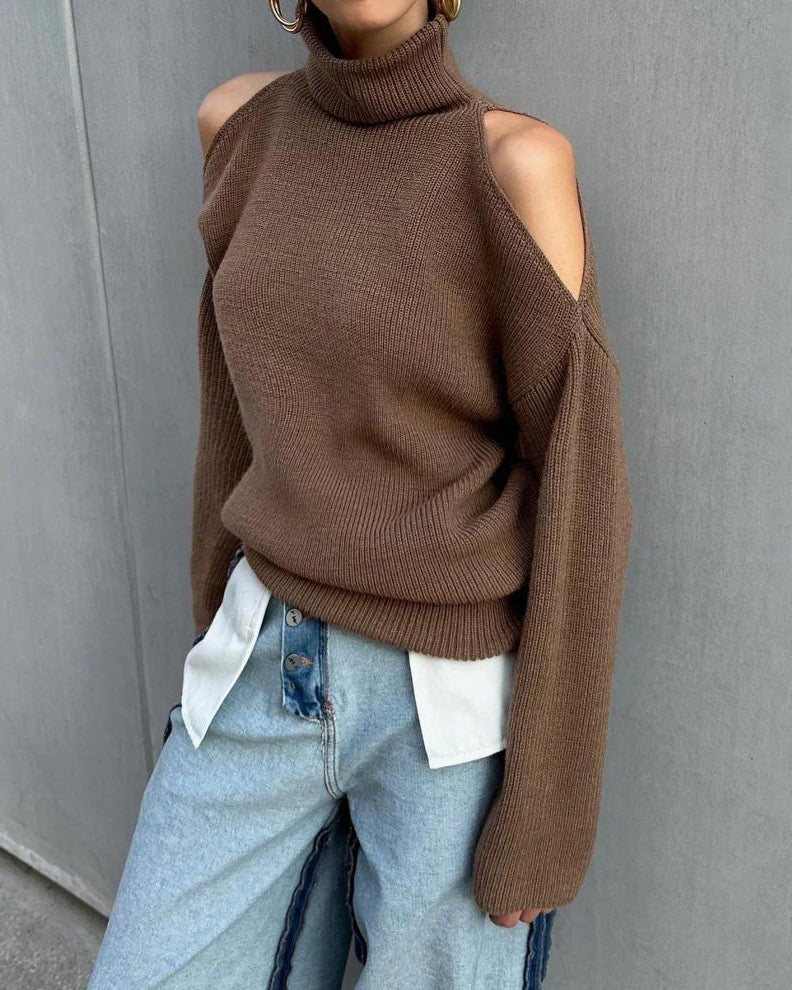 Chic Off-the-shoulder turtleneck long-sleeved sweater