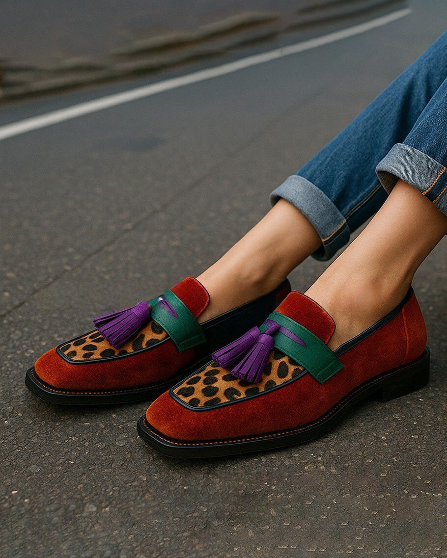 Vintage Suede Leopard Contrast Chunky Sole Slip-On Flat Loafers