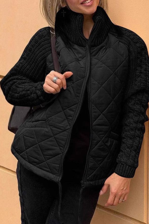 Knitted turtleneck and sleeve paneled padded jacket