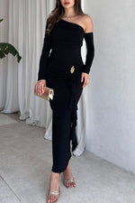 Long-sleeved slant collar lace exposed backpack hip slim dress