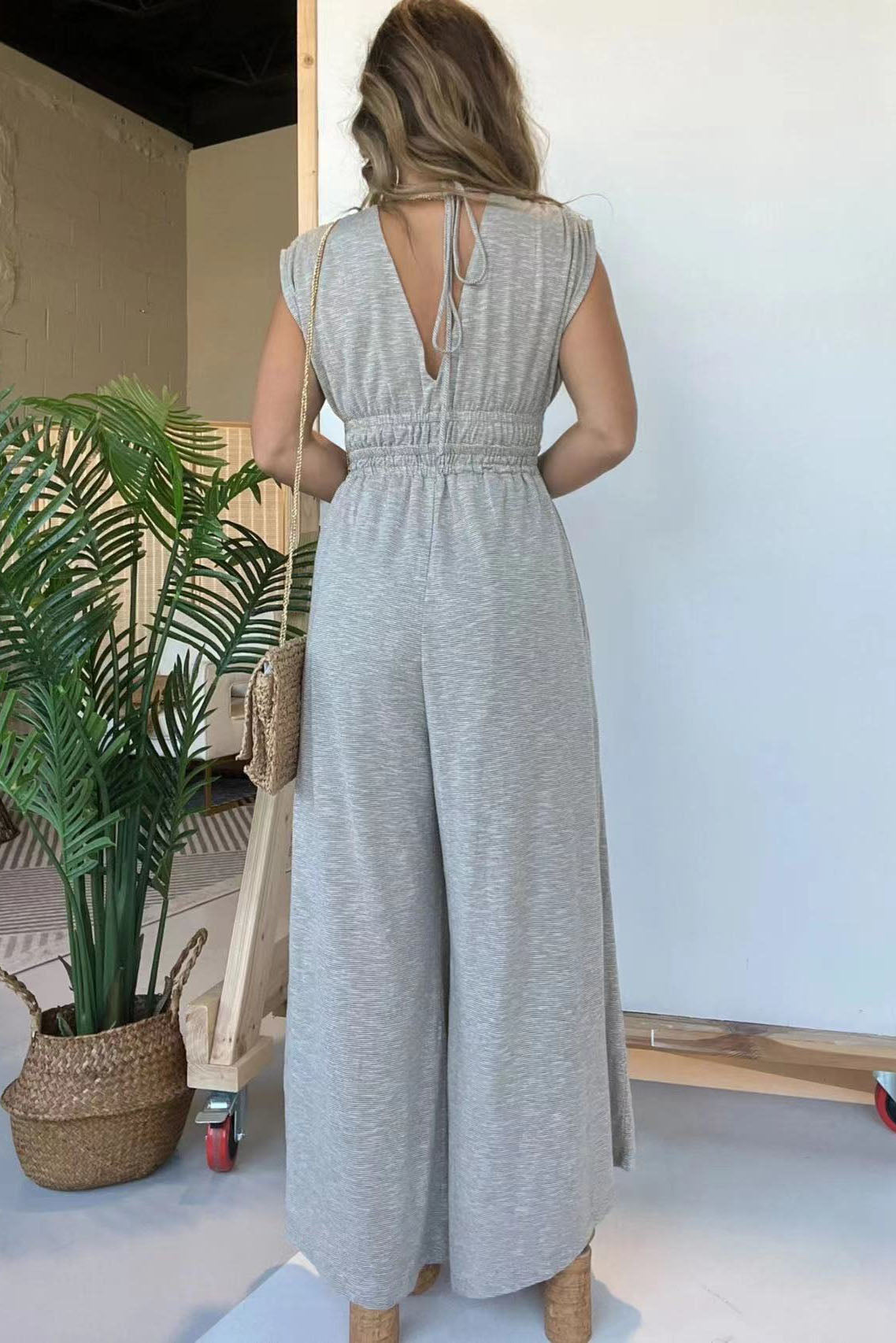 V-neck Elastic Waist Wide Leg Jumpsuit