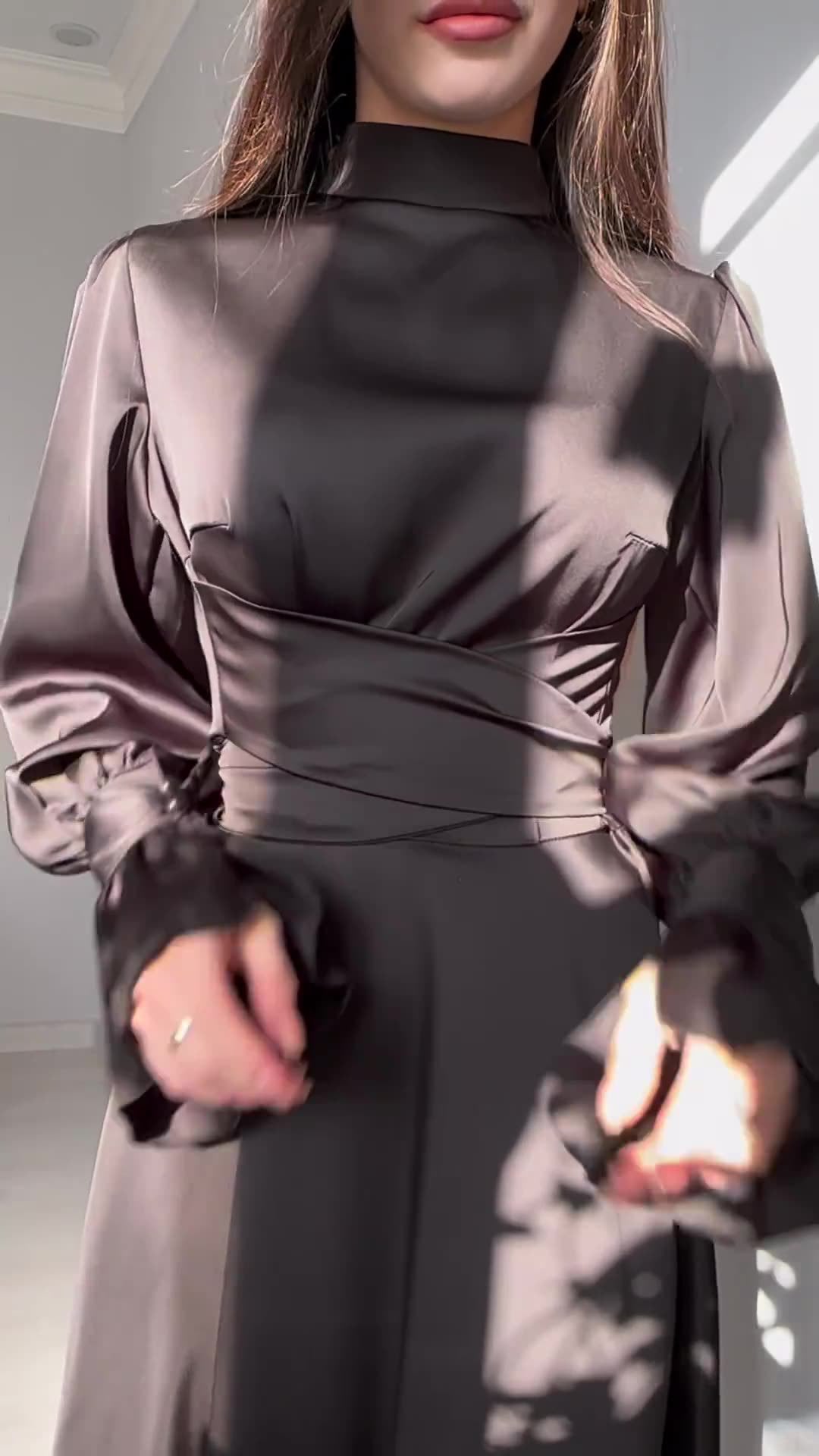 Long-sleeved puff-sleeved solid color fairy-style dress