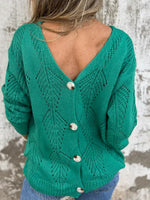 Reversible hollow leaf pattern V-neck long-sleeved knitted sweater