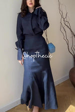 Commuter-style cotton linen shirt and skirt two-piece set