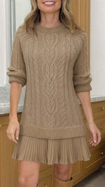 Long-sleeved crew neck cable knit chiffon hem dress