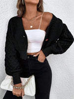 V-neck drop shoulder sleeve button-down cropped knitted cardigan