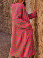 Rose red contrast leopard long sweater coat