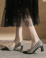 Pearl-Embellished Chunky Heel Plaid Velvet Shoes