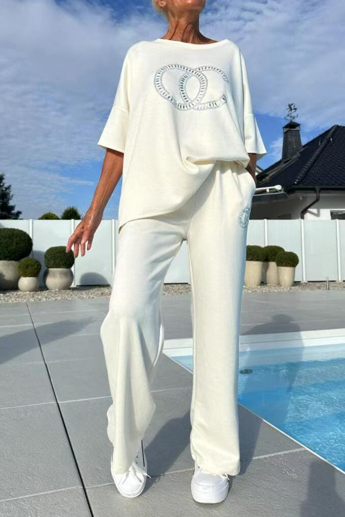 Rhinestone drop shoulder sleeve T-shirt wide-leg pants two-piece set