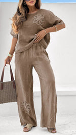 Embroidered cotton and linen short sleeved top and pants two-piece set
