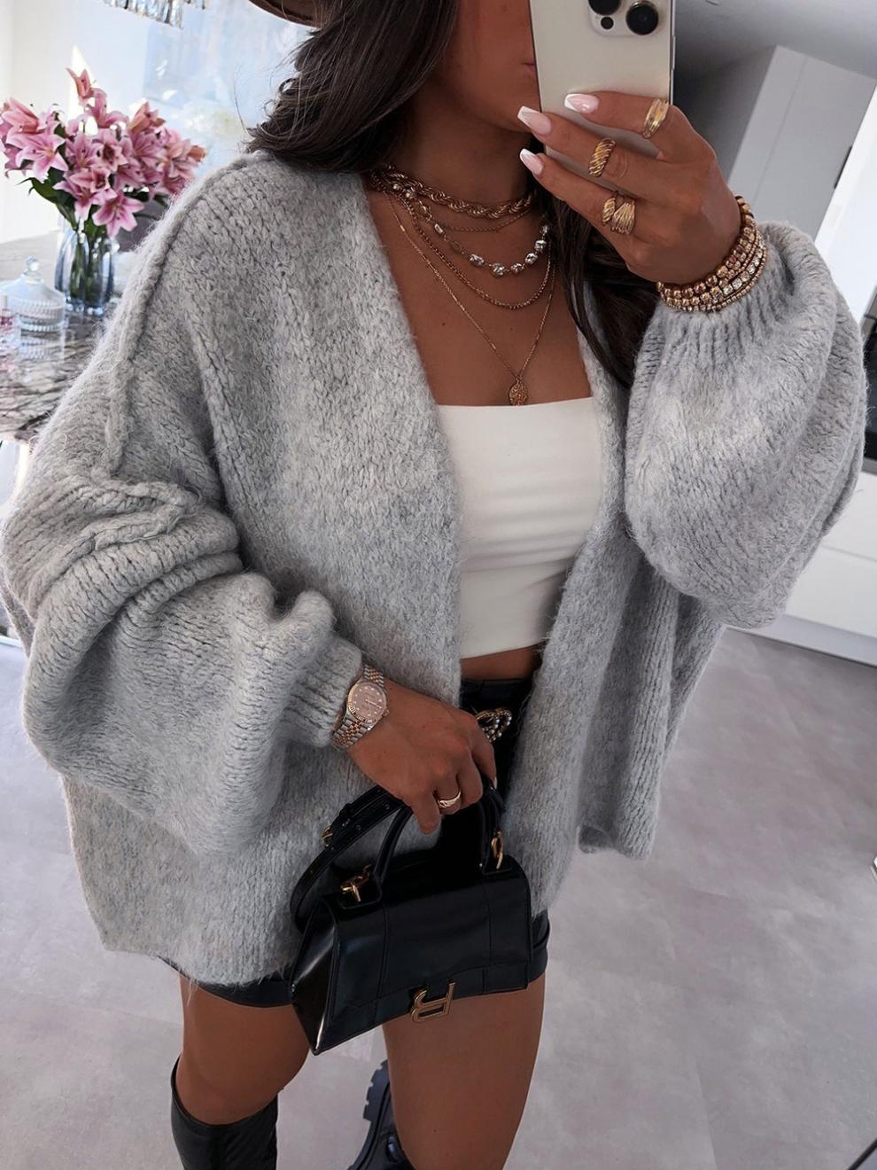 Dusk Till Dawn Loose solid color mid-length knitted cardigan