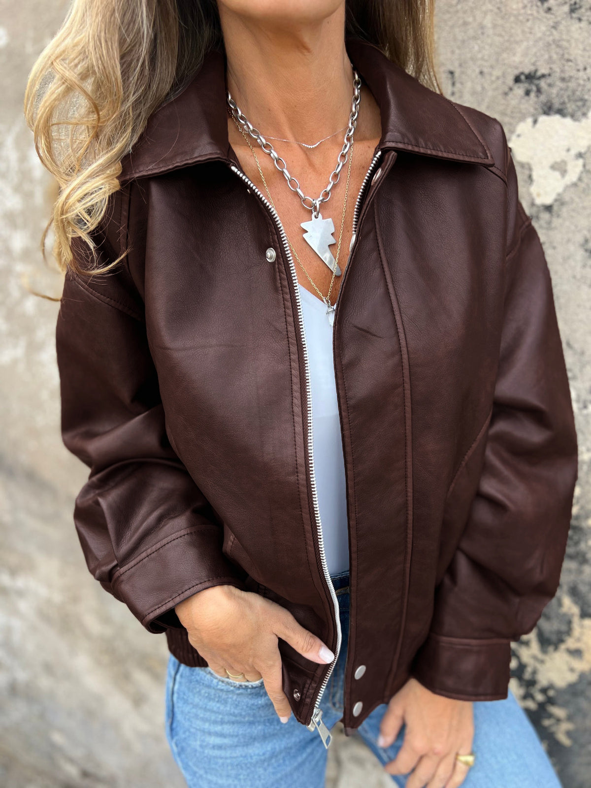 Lockere Retro-Bomberjacke aus PU für Motorräder