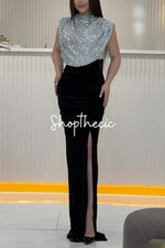 Sequined sleeveless top paired with long evening dress