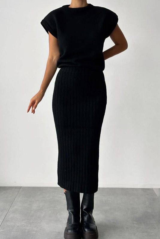 Sleeveless knitted pullover top and fitted long skirt two-piece set